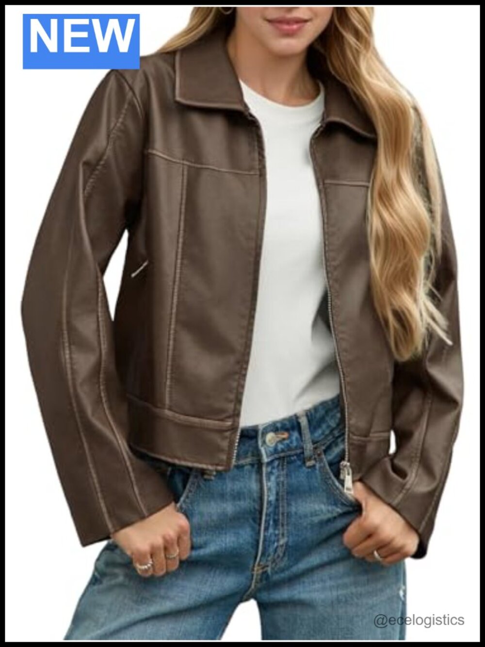 Womens Faux Leather Motorcycle Jacket Cropped Zip Up Long Sleeve Collared with